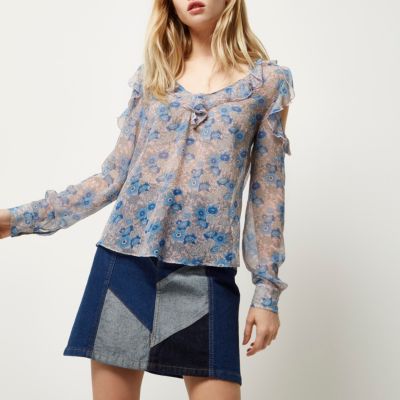 Blue print cold shoulder blouse